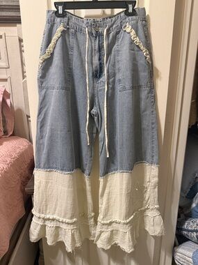 POL Light Blue Denim Ruffle-Trim Pants